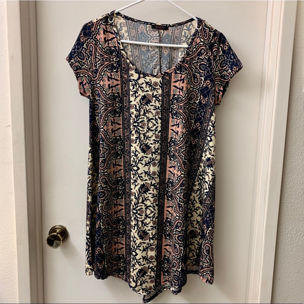 blue, pink, & white patterned dress